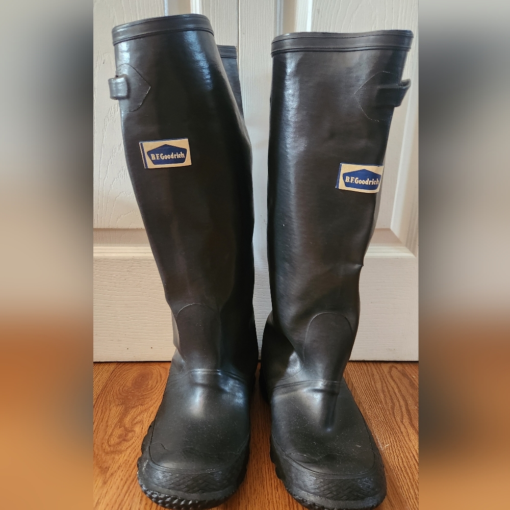 New 18" Black Rubber Boots Waders Fishing Farm Garden Sz 12 + Wet Work Goodyear
